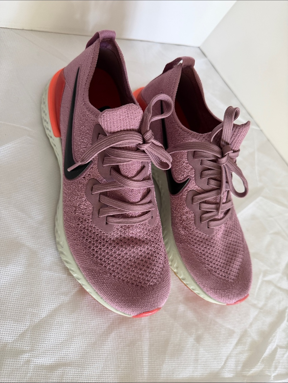 Nike Women’s Mauve Knit Running Shoes with Black Swoosh and Orange Heel